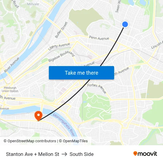 Stanton Ave + Mellon St to South Side map