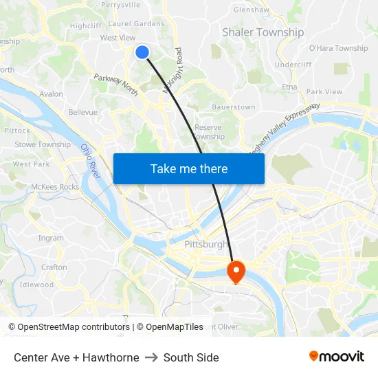 Center Ave + Hawthorne to South Side map