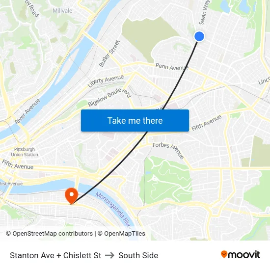Stanton Ave + Chislett St to South Side map