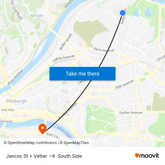 Jancey St + Vetter to South Side map