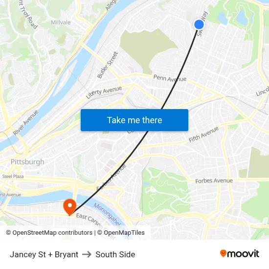 Jancey St + Bryant to South Side map