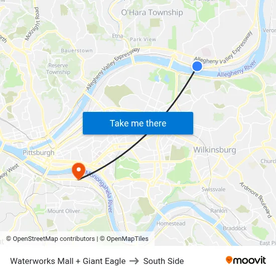 Waterworks Mall + Giant Eagle to South Side map