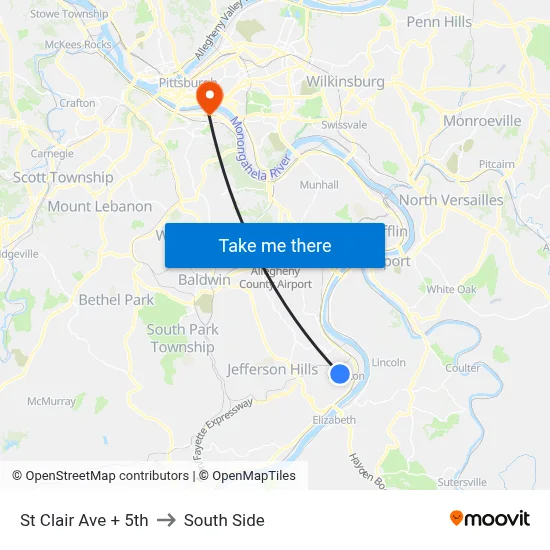St Clair Ave + 5th to South Side map