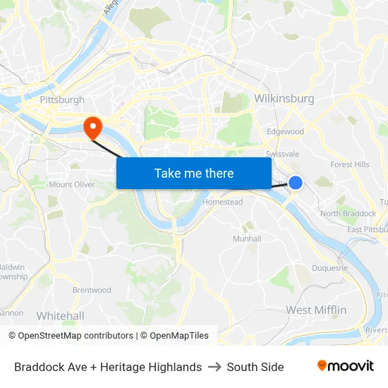Braddock Ave + Heritage Highlands to South Side map