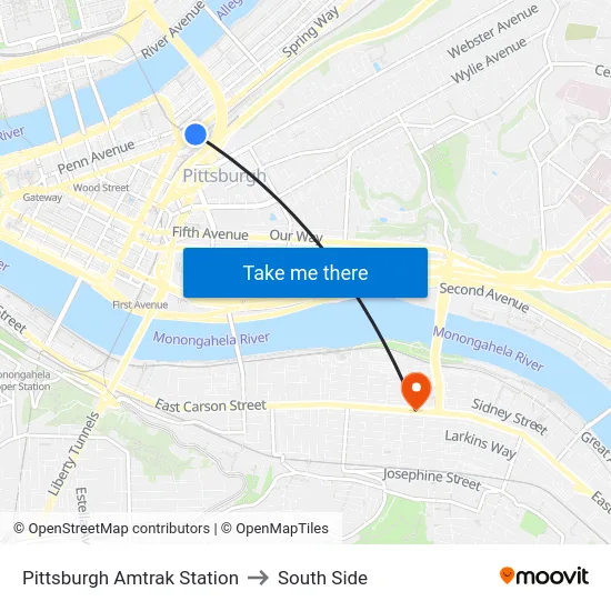 Pittsburgh Amtrak Station to South Side map