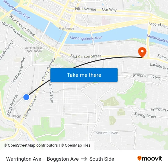 Warrington Ave + Boggston Ave to South Side map