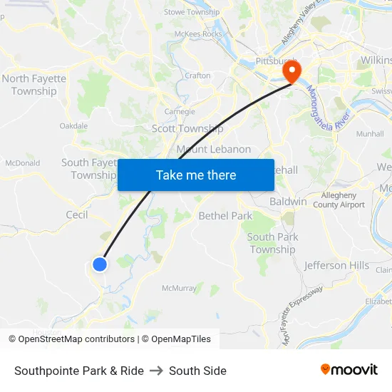 Southpointe Park & Ride to South Side map