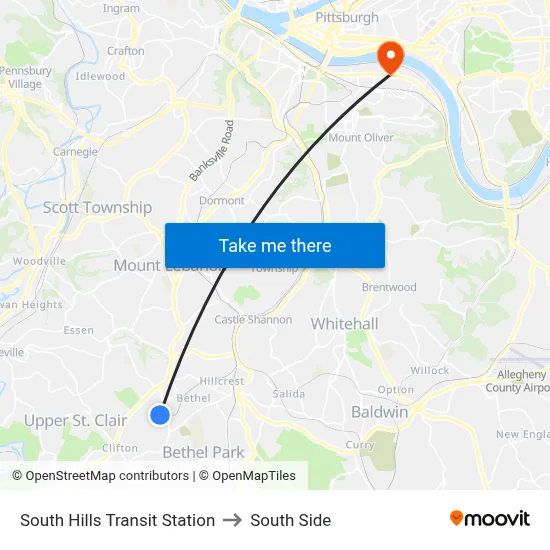 South Hills Transit Station to South Side map