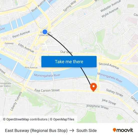 East Busway (Regional Bus Stop) to South Side map