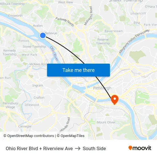 Ohio River Blvd + Riverview Ave to South Side map