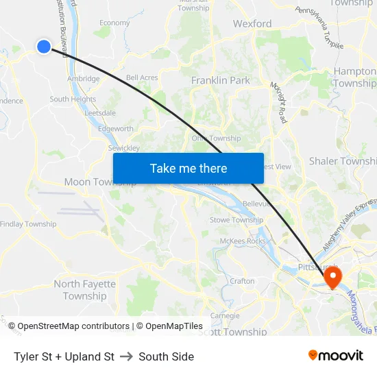 Tyler St + Upland St to South Side map