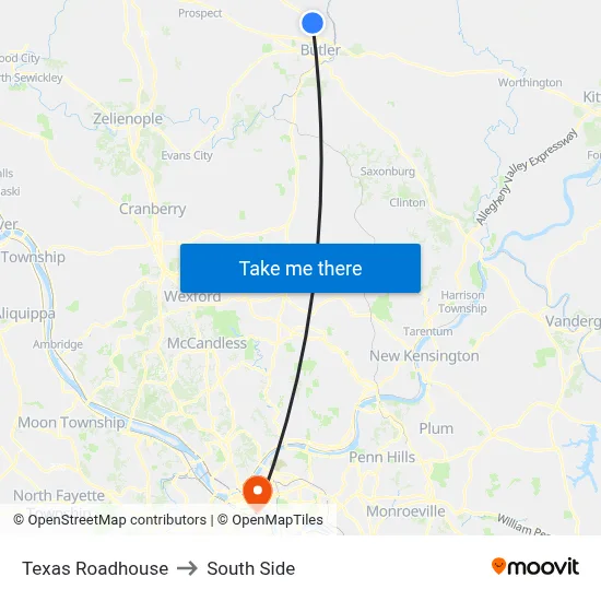 Texas Roadhouse to South Side map