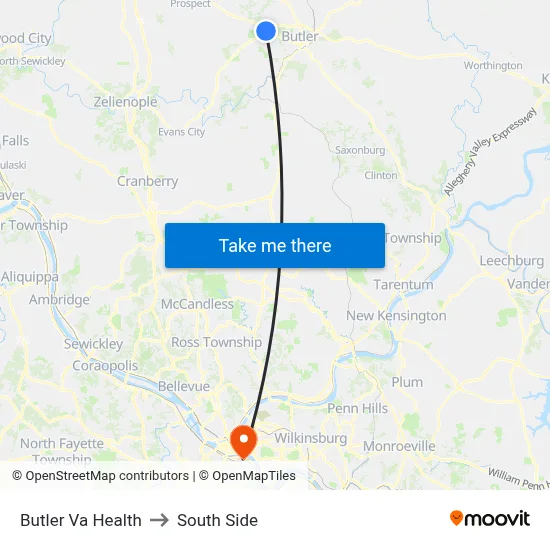 Butler Va Health to South Side map