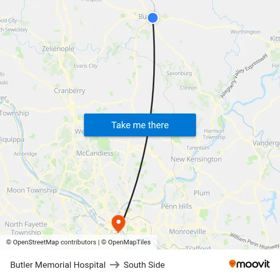 Butler Memorial Hospital to South Side map