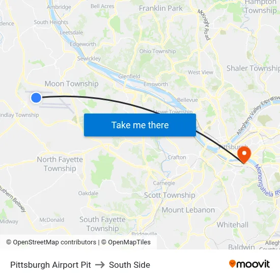 Pittsburgh Airport Pit to South Side map
