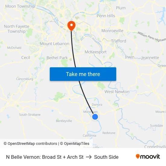 N Belle Vernon: Broad St + Arch St to South Side map