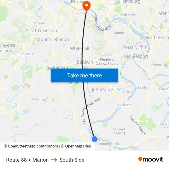 Route 88 + Marion to South Side map
