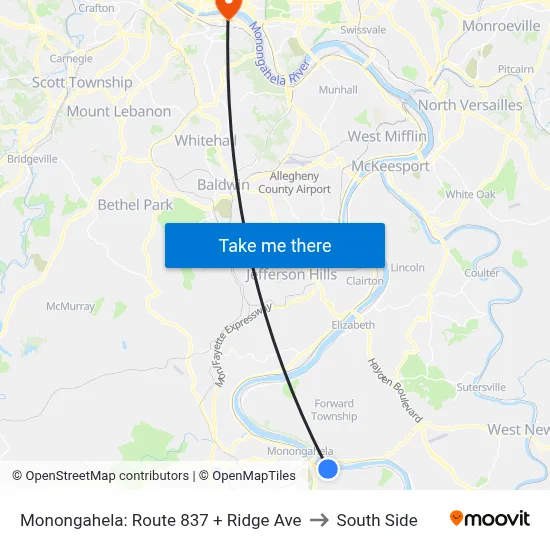 Monongahela: Route 837 + Ridge Ave to South Side map