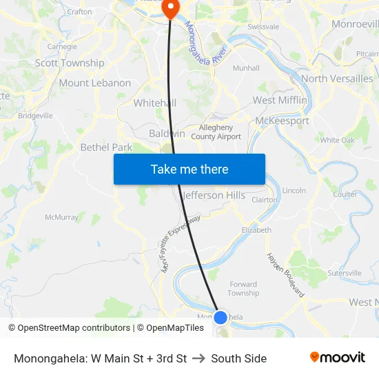 Monongahela: W Main St + 3rd St to South Side map