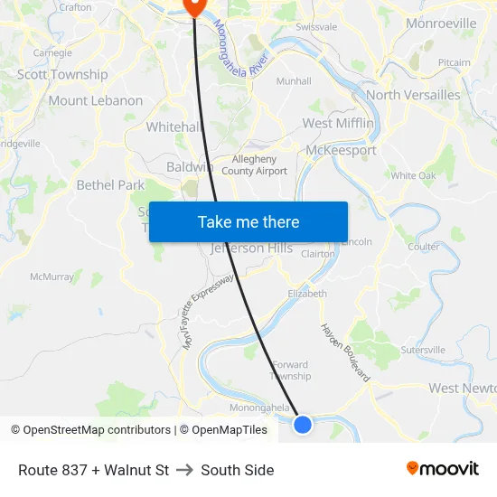 Route 837 + Walnut St to South Side map