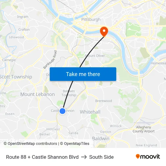 Route 88 + Castle Shannon Blvd to South Side map