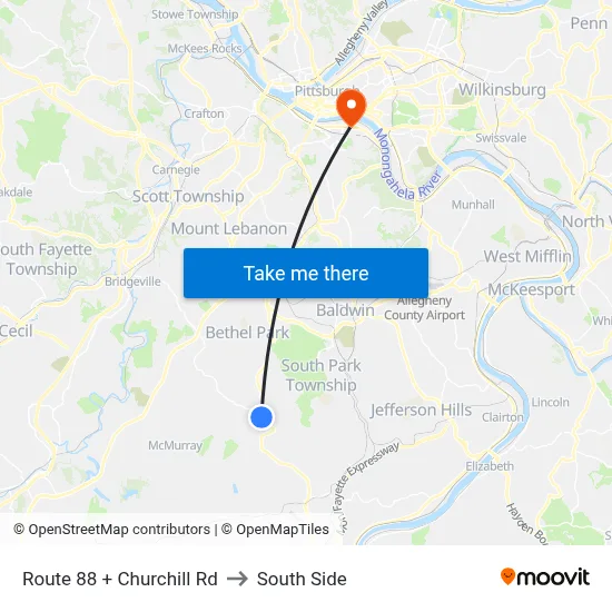 Route 88 + Churchill Rd to South Side map