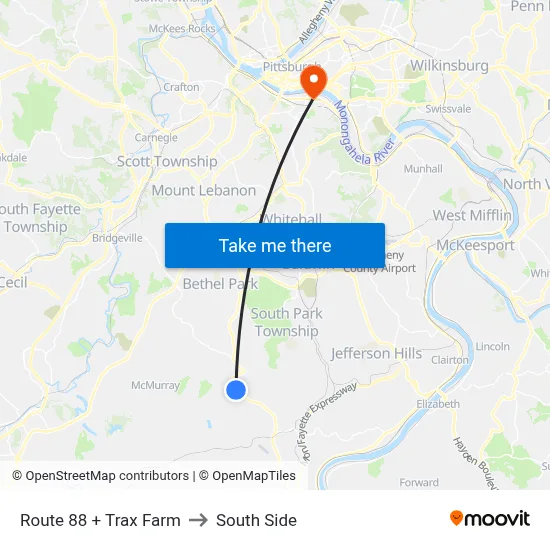 Route 88 + Trax Farm to South Side map
