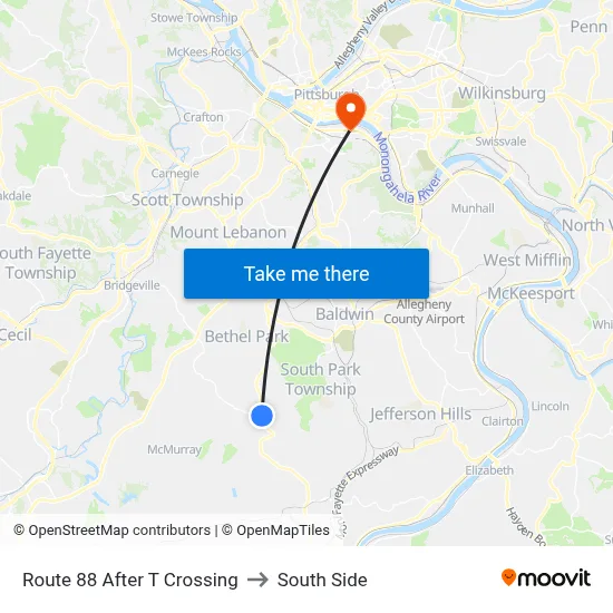Route 88 After T Crossing to South Side map