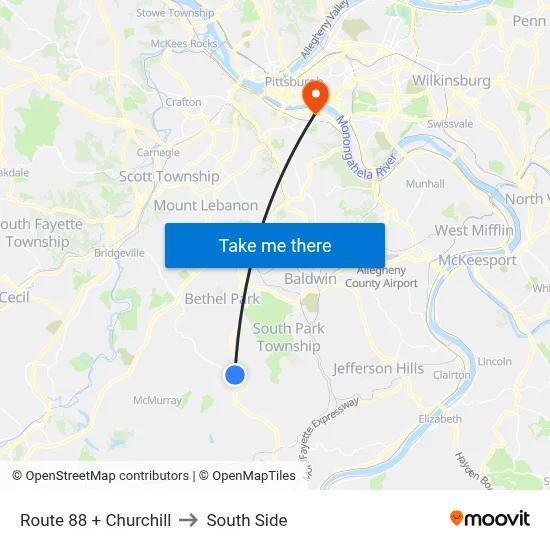 Route 88 + Churchill to South Side map