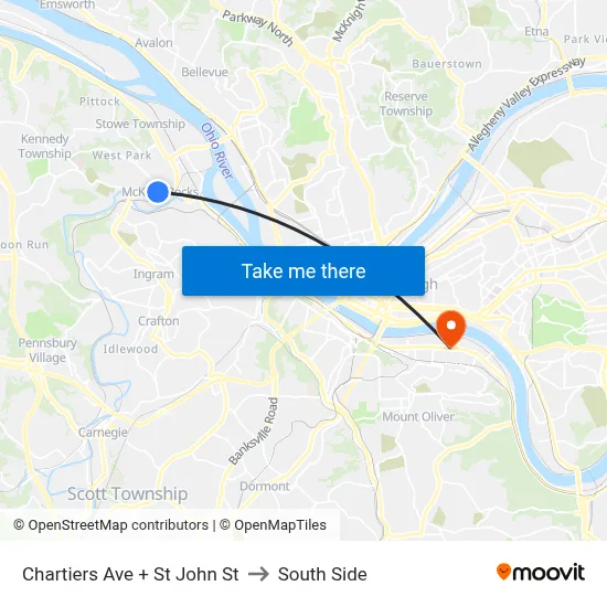 Chartiers Ave + St John St to South Side map