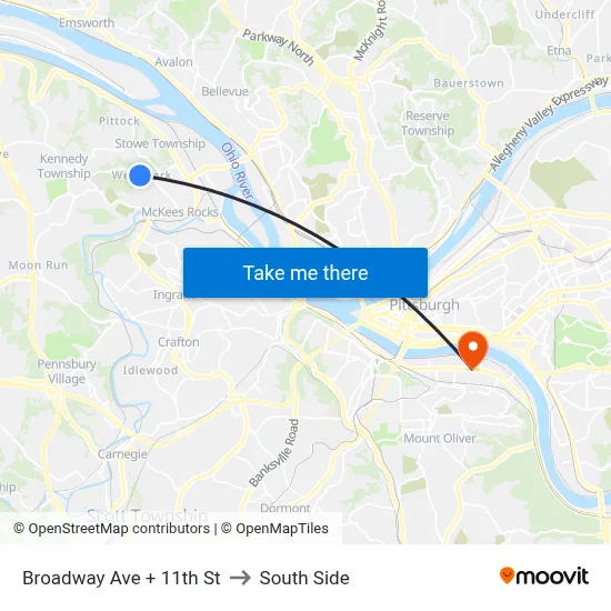 Broadway Ave + 11th St to South Side map