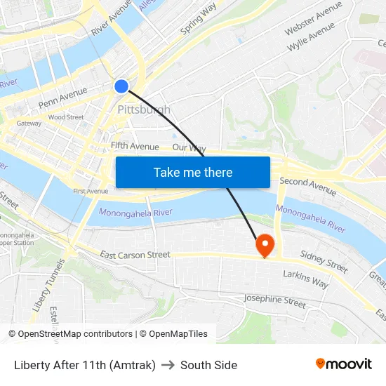 Liberty After 11th (Amtrak) to South Side map