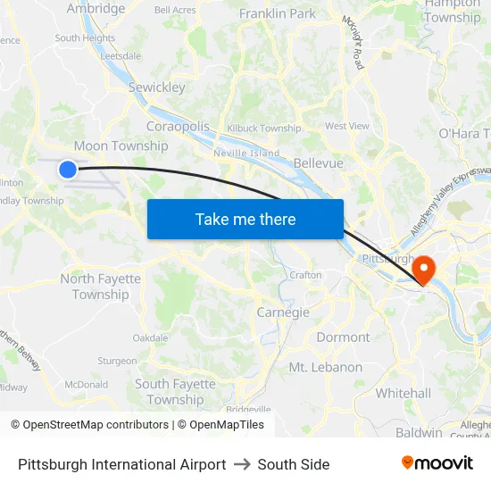 Pittsburgh International Airport to South Side map