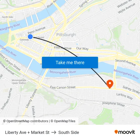 Liberty Ave + Market St to South Side map