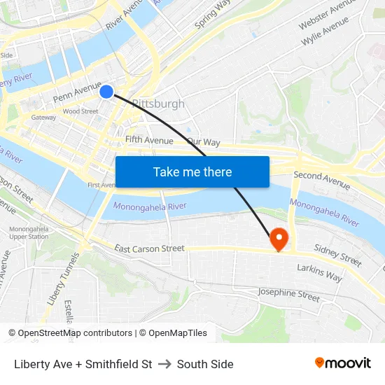 Liberty Ave + Smithfield St to South Side map