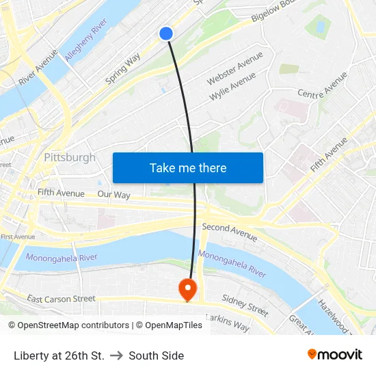 Liberty at 26th St. to South Side map