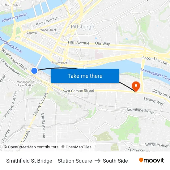 Smithfield St Bridge + Station Square to South Side map