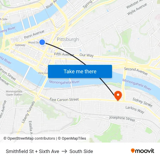 Smithfield St + Sixth Ave to South Side map