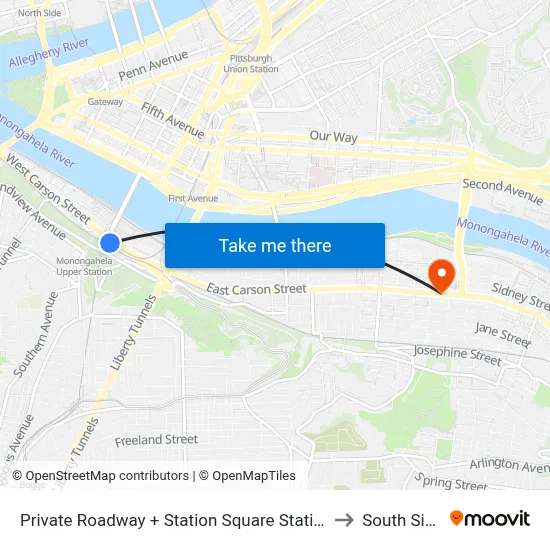 Private Roadway + Station Square Station to South Side map