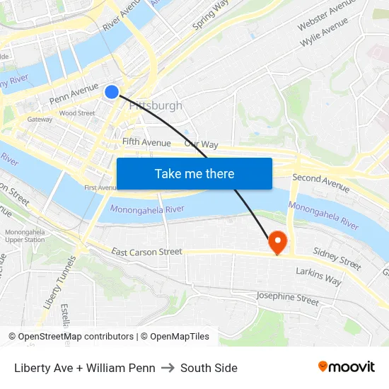 Liberty Ave + William Penn to South Side map