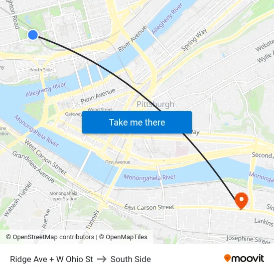 Ridge Ave + W Ohio St to South Side map