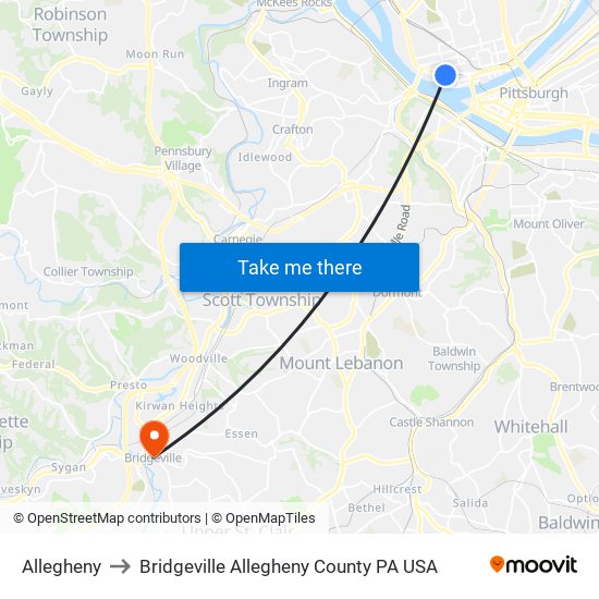 Allegheny to Bridgeville Allegheny County PA USA map