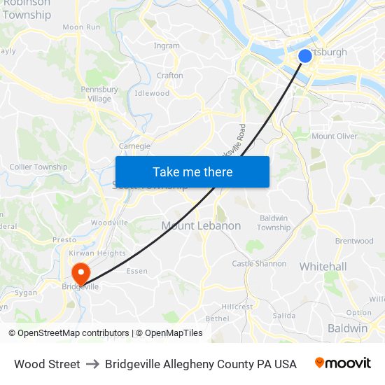 Wood Street to Bridgeville Allegheny County PA USA map