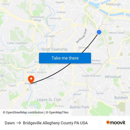 Dawn to Bridgeville Allegheny County PA USA map