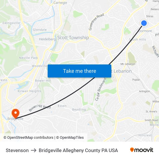 Stevenson to Bridgeville Allegheny County PA USA map