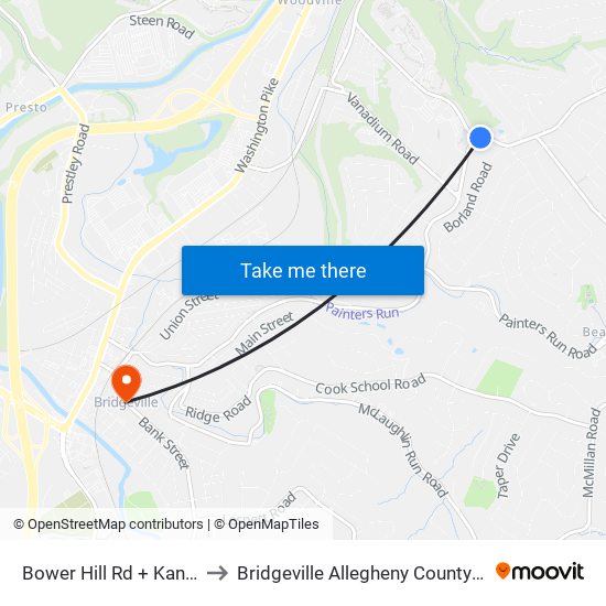 Bower Hill Rd + Kane Blvd to Bridgeville Allegheny County PA USA map