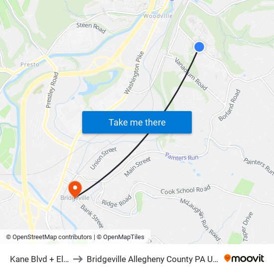 Kane Blvd + Elm to Bridgeville Allegheny County PA USA map