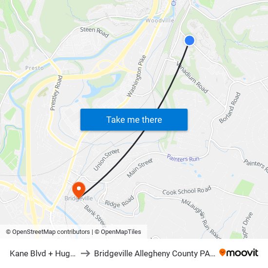 Kane Blvd + Hughes to Bridgeville Allegheny County PA USA map