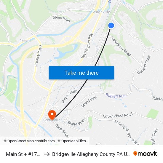 Main St + #1737 to Bridgeville Allegheny County PA USA map