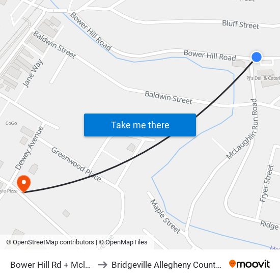 Bower Hill Rd + Mclaughlin to Bridgeville Allegheny County PA USA map